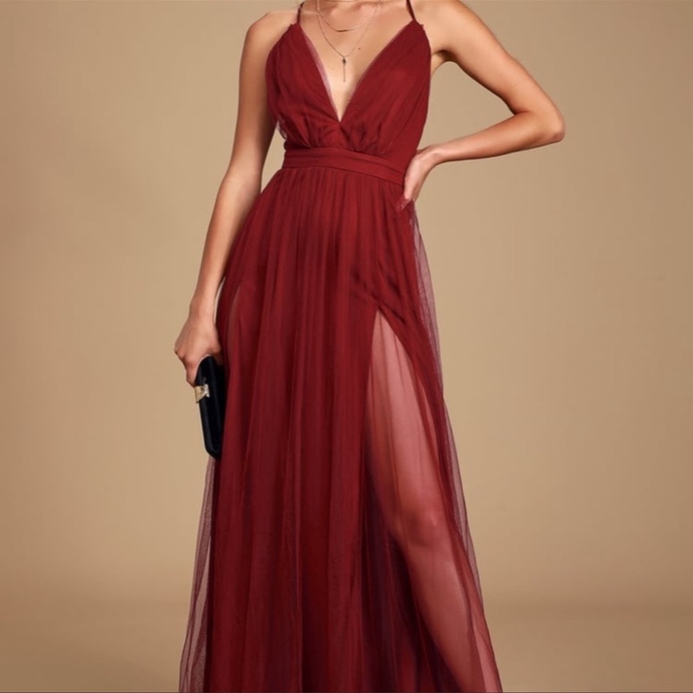 Rare Beauty Burgundy Tulle Backless Maxi Dress